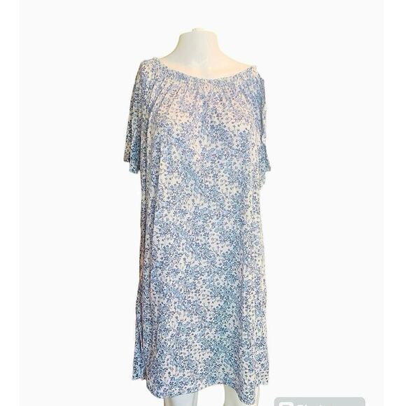 H&M Women's Size XS Off the Shoulder Pull Over Dress Blue White Floral Relaxed - Picture 1 of 6